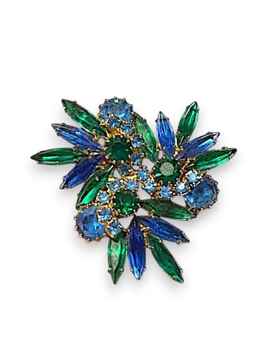 Vintage Blue Green Rhinestone Brooch Mid Century Statement Pin - Picture 2 of 6
